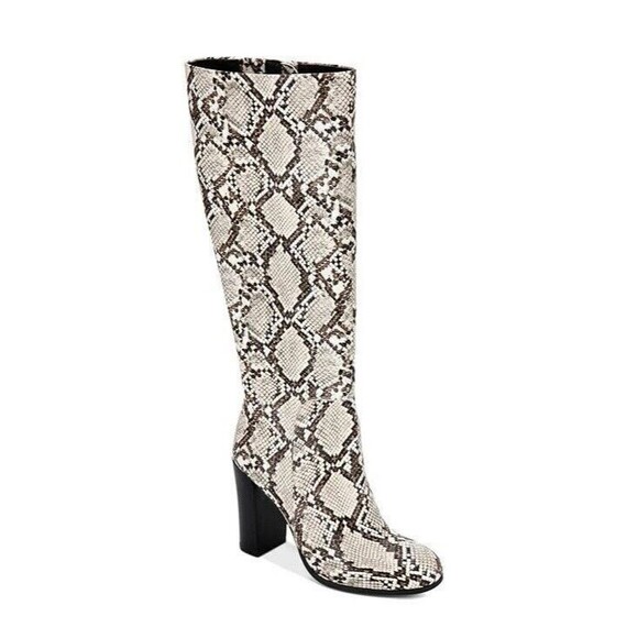 Kenneth Cole Womens 6.5 M Black White Snake Zip Up High Heel Boots Display XW7 - Picture 1 of 5